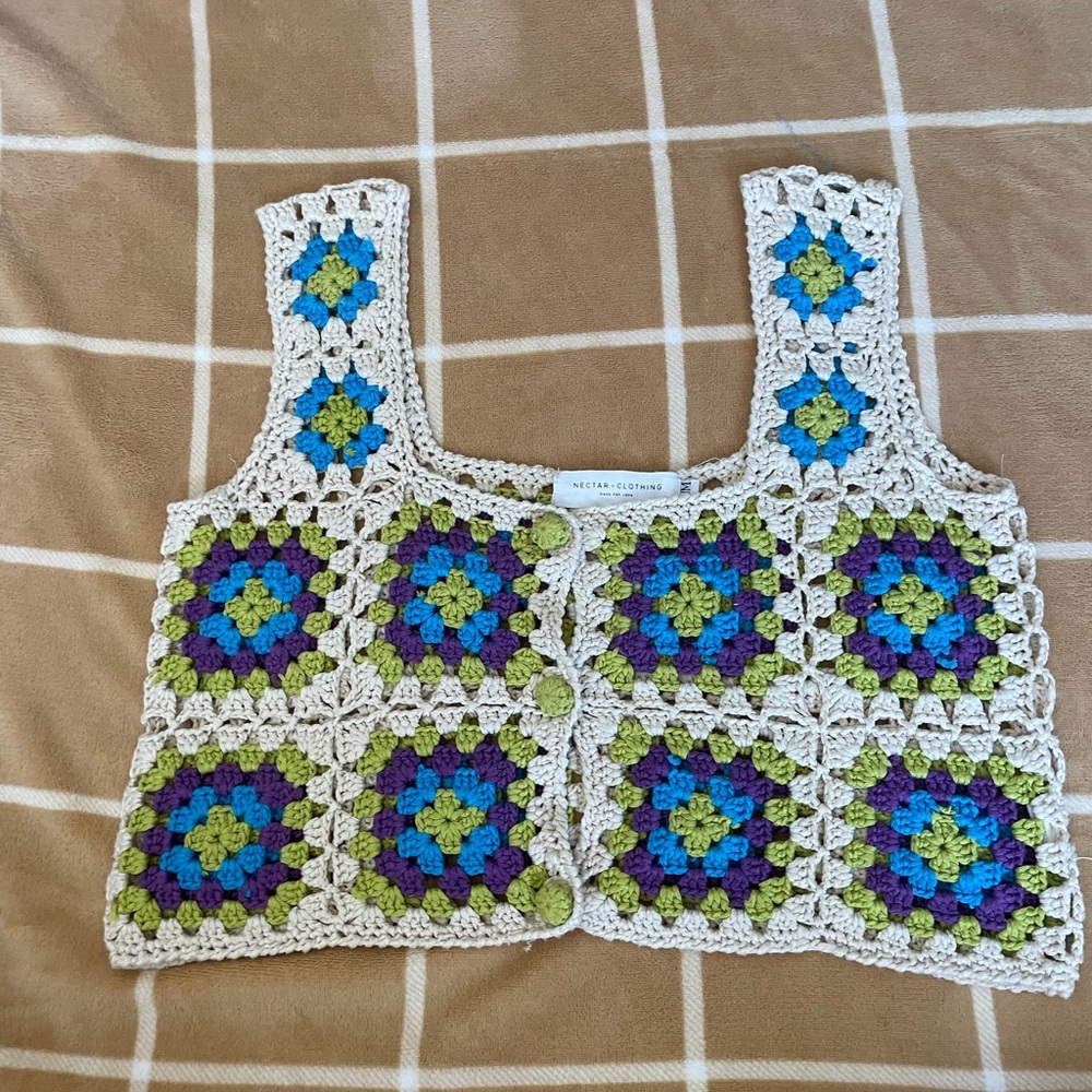 Forever 21 Crochet Patchwork Top - Blue, Green, Purple, Cream